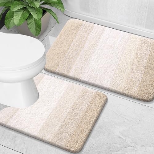 OLANLY Bathroom Rug Set 2 Piece, Soft Absorbent Microfiber Bath Mats and U-Shaped Contour Toilet Rug, Non-Slip, Machine Wash Dry, Plush Shaggy Bath Mats for Bathroom (24"x16"+24"x20", Light Beige) - color: Light Beige, size: 24" X 16" + U24" X 20"