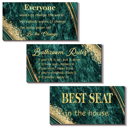 DONFENTHY 3 Pieces Green Gold Bathroom Decor Bathroom Rules Wall Art Green Gold Rules Signs Best Seat in The House Farmhouse Wooden Sign for Toilet Wall Decor (10x5") - color: Green Gold