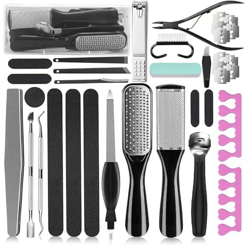 EKOCSIO Professional Pedicure Kit, 36 in 1 Stainless Steel Foot Care Kit Foot Rasp Dead Skin Remover for Home & Salon Care, Black - style: Black&Pink