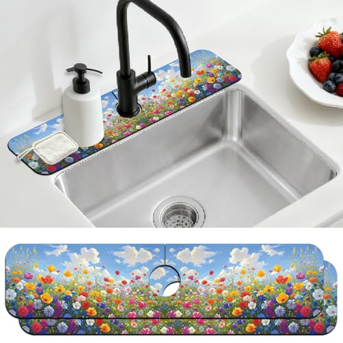 2 Pcs Kitchen Sink Splash Guard Faucet Mat Oil Painting of a Flower Bush Faucet Mat for Sinks Absorbing Drying Mats for Kitchen Bathroom, 23.6x5.5inch - color: Oil Painting of a Flower Bush