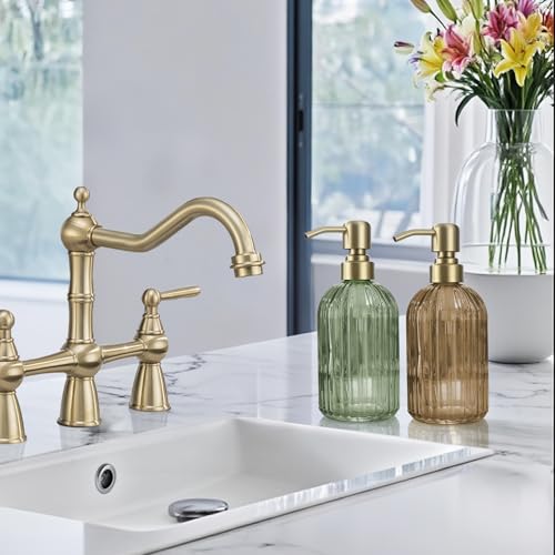 16 OZ Amber Glass Soap Dispenser, Amber Stripe Bathroom Hand Soap Dispensers with Stainless Steel Brushed Gold Pump,Brown Glass Kitchen Hand Soap Dispenser with Brushed Gold Pump,2 Packs - color: Brushed Gold + Amber, size: 2-Pack