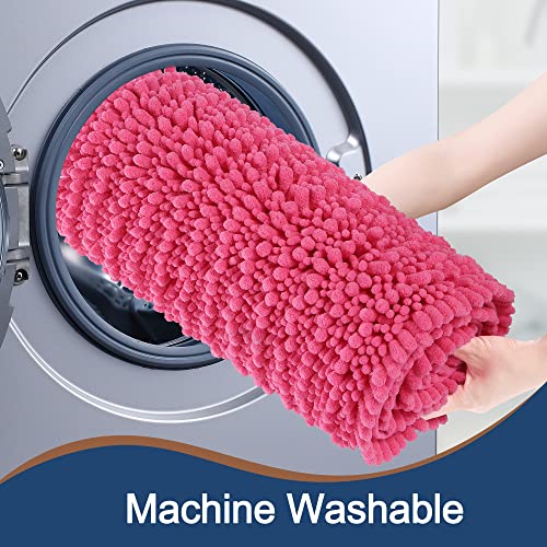 FLOLEOPA Luxury Chenille Hot Pink Bathroom Rugs Bath Mats Sets, Extra Soft and Absorbent Bathroom Rugs Non Skid Machine Wash Dry Bath Mats（47"x17" Plus 17"x24"） - color: Hot Pink, size: 47"x17" Plus 17"x24"