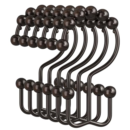 Amazer Shower Curtain Rings, Rust-Resistant Metal Double Shower Hooks for Curtain Rolling Shower Curtain Hooks Rings Shower Rings for Bathroom Shower Curtain Rod, Bronze, Set of 12 Rings - color: Bronze, style: Modern - Double Hooks