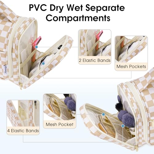 Narwey Hanging Toiletry Bag for Women Travel Makeup Bag Organizer Toiletries Bag for Cosmetics Essentials Accessories - color: Z-Light Brown Checkerboard