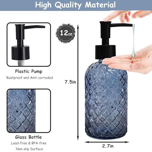 Blue Glass Dish Soap Dispenser for Kitchen, 12oz Refillable Liquid Hand Soap Dispenser Set, Crystal Lotion Bottle for Modern Home Decor, Bathroom Countertop, Hotel - color: Dark Blue