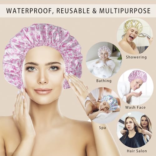 Shower Caps for Women, 4 PCS Elastic and Reusable Bath Caps, Double Layers Shower Cap Reusable Waterproof, Bathing Shower Caps, Environmental Bath Hair Protection Cap - Bow - color: Bow