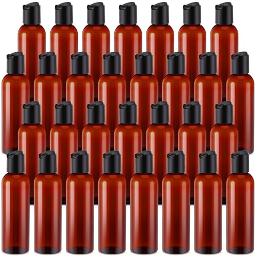 Mimorou 30 Pack Amber Empty Bottles Plastic Squeeze Bottles with Disc Top Flip Cap Small Empty Travel Squeeze Bottle for Lotions Liquid Body Soap Conditioner Creams(5.1 oz) - size: 5.1 oz