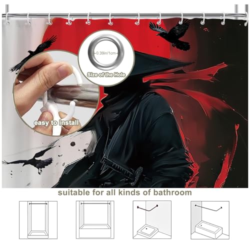 Black Red Samurai Shower Curtain 60Wx71L, Japanese Man Shower Curtains for Bathroom, Cool Asian Shower Curtain Set 12 Pack Hooks - color: Black Red Samurai, size: 60Wx71L