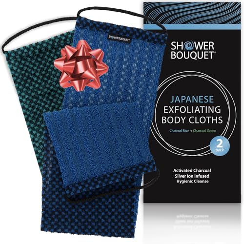 Japanese Exfoliating Washcloth for Back & Body 2-Pack - Charcoal & Silver Ion Exfoliating Towel with Handles - Two-Sided Gentle Exfoliation & Deep Cleanse Body Wash Cloths for Shower - 1 Blue, 1 Green - color: Charcoal Blue + Charcoal Green, size: 1 Count