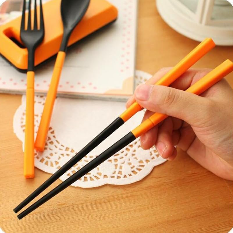 Unomor Portable Folding Tableware Set with Case 3-Piece Plastic Cutlery Set with Chopsticks Fork and Spoon Lightweight Travel Cutlery for Camping Outdoor Dining Lunch 4.72 X 2.36 X 0.90 in