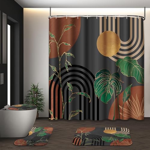 Brown Boho Mid Century Shower Curtain Set with Toilet Lid Cover and Non-Slip Rugs, Abstract Retro Grey Background 4 Pcs Modern Minimalist Aesthetic Shower Curtain for Bathroom Set with 12 Hooks - color: Grey