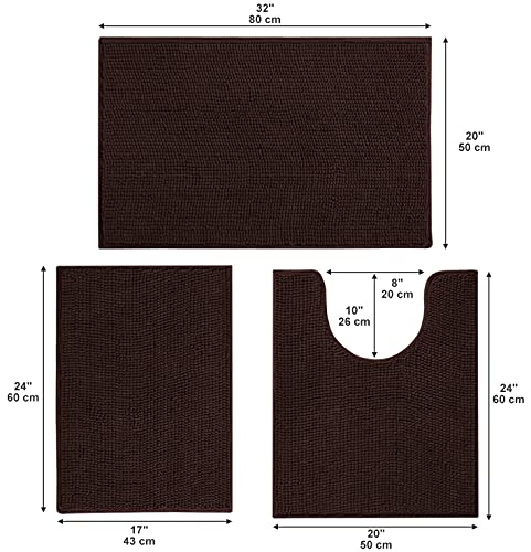 Urvoix Bathroom Rugs Set - 3 Pieces Ultra Soft Non-Slip Bath Mats, Chenille Absorbent Bath Rugs for Bathroom, Tub and Shower (Chocolate Brown) - color: Chocolate Brown