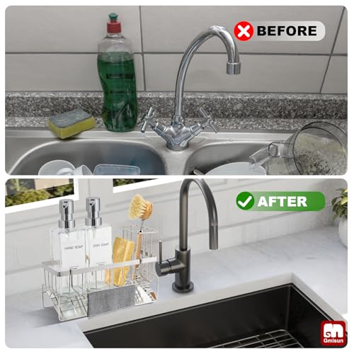 GMISUN Kitchen Soap Dispenser, 12 Fl oz/350ml Clear Dish Soap Dispenser with Silver Sponge Holder, Customized Glass Dish Soap Dispensers for Kitchen, Modern Hand and Dish Soap Dispensers Set Removable - color: Clear Bottle + Silver Rack