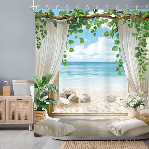 Newsely Ocean Beach Shower Curtain 60Wx72L Inch Beachy Tropical Coastal Blue Sea Summer Hawaiian Nature Landscape Green Leaves Bathroom Set Modern Waterproof Bath Decoration Accessories Home Decor - color: B-01beach, size: 60"W x 72"L (Pack of 1)