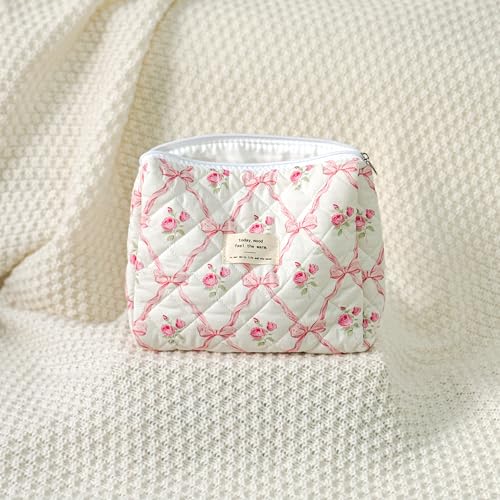 Sminra Makeup Bag Large Travel Quilted Cosmetic Makeup Bag Organizer, Floral Cotton Coquette Aesthetic Toiletry Bag for Women Girls (Pink Bow Flowers) - color: Pink Bow Flowers