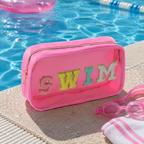 Sunscreen SPF Makeup Bag with SWIM Chenille Letters, Waterproof Clear Pink Cosmetic Bags for Women, Sunblock Organizer for Pool, Swim Team, Beach Travel Toiletry Sun Pouch - style: Pink-swim