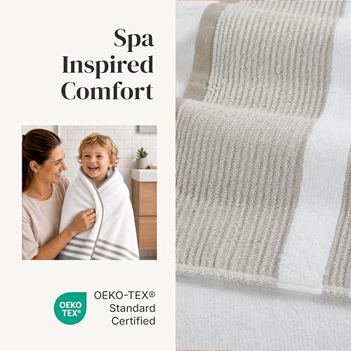 Modern Threads 6-Piece Towel Set – 100% Cotton, Quick Dry, Ultra Absorbent – Includes 2 Bath, 2 Hand, 2 Washcloths (White/Reinhart Tan) - color: Brown, style: Classic Stripe