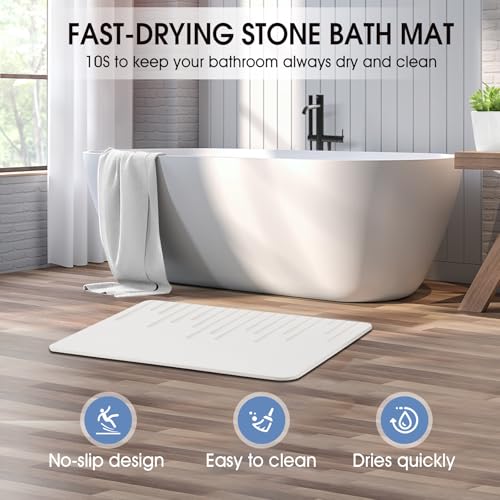 Veeloim Stone Bath Mat Diatomaceous Earth Bath Mat Non-Slip Quick Drying Diatomite Stone Shower Mat Natural Easy to Clean23.6 * 15.4" - color: Light White