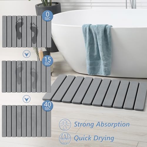 AWW Foldable Stone Bath Mat, Quick Dry Diatomaceous Earth Bath Mat with Non-Slip Mat, Super Absorbent, Easy to Clean, Compact for Small Bathrooms, 23.6 x 15.5, Grey - color: Grey, size: 23.6" x 15.5"