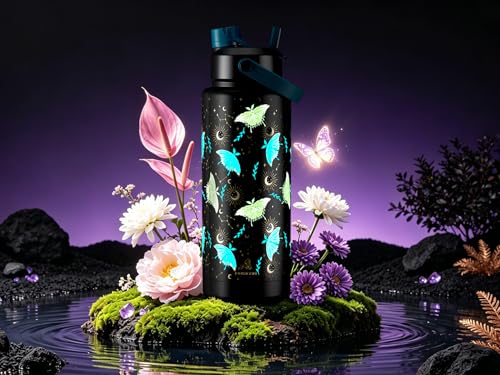 POWCAN 40 oz Insulated Water Bottle with 2-in-1 Straw and Spout Lid, Glow-in-the-Dark, 24H Cold, Leakproof, BPA-Free, Double Wall Stainless Steel for Sports, Gym, Travel, and School (Gilded Flutter) - color: Gilded Flutter (Luminous), size: 40 Ounces