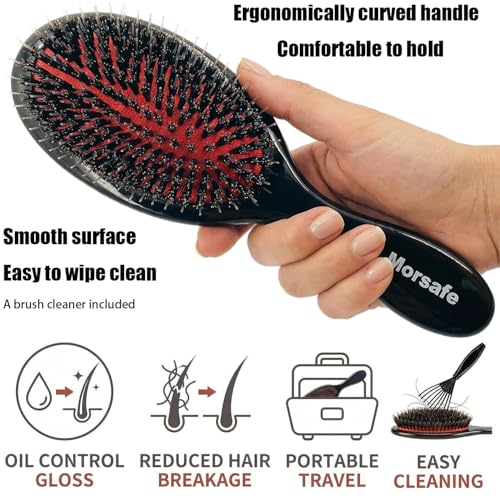 Boar Bristle Hair Brush for Women Men Painless Detangling Paddle Brush for Curly Fine Tangled Hair, Anti-frizz Boar Nylon Bristle Cushioned Brush, Includes Cleaning Tool