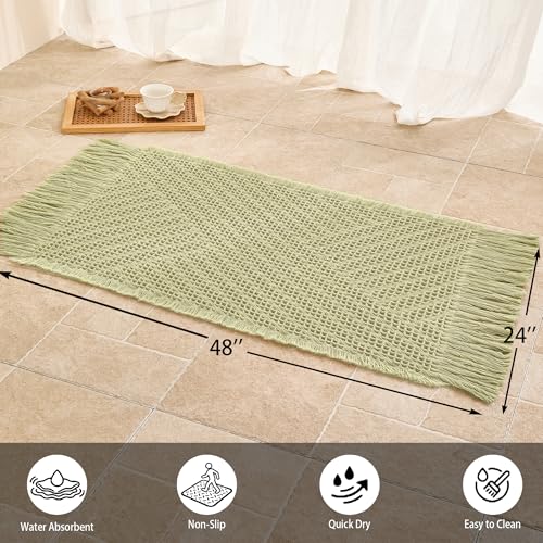 Waffle Bath Mat Non Slip, Boho Runner Rug, Super Absorbent Quick Dry Long Bath Runner Bathroom, Soft Farmhouse Bath Rug with Tassels, Washable Shower Mats for Floor 24"x48", Tassels Sage Green - color: Tassels Sage Green, size: 2' x 4' (Rectangular)