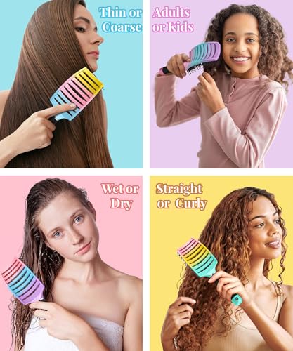 KTKUDY Detangling Brush Boar Bristles Hairbrush Make Hair Shiny & Healthier Curved and Vented Detangler Brush for Women Men Kids Wet & Dry Hair - color: Blue-Pink-Yellow Gradient