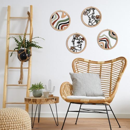 HPNIUB Boho Fashion Woman Wall Decor, Abstract Geometric Line Hanging Wooden Wall Art, 4 Pieces 10''x10'' Minimalist Aesthetic Female Women Face and Floral Wood Sign for Bedroom Living Room, Lady Gift - color: colorful