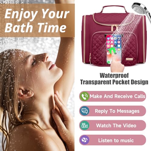 Tealari Large Toiletry Bag for Women Men,Bathroom Bag,Water Resistant Shower Bag,Makeup Bag,Toiletry Bags for Traveling,Hanging Toiletry Bag with Transparent Waterproof Phone Pocket - color: Wine Red