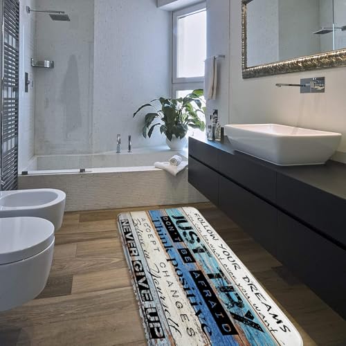 Inspirational Quote Bathroom Rugs Motivational Word Proverb Rustic Wooden Plank Blue Brown Vintage Barn Door Country Farmhouse Bath Mat Bedroom Kitchen Toilet Floor Doormat 24x60 - color: Grey, size: 2' x 5' (Rectangular)
