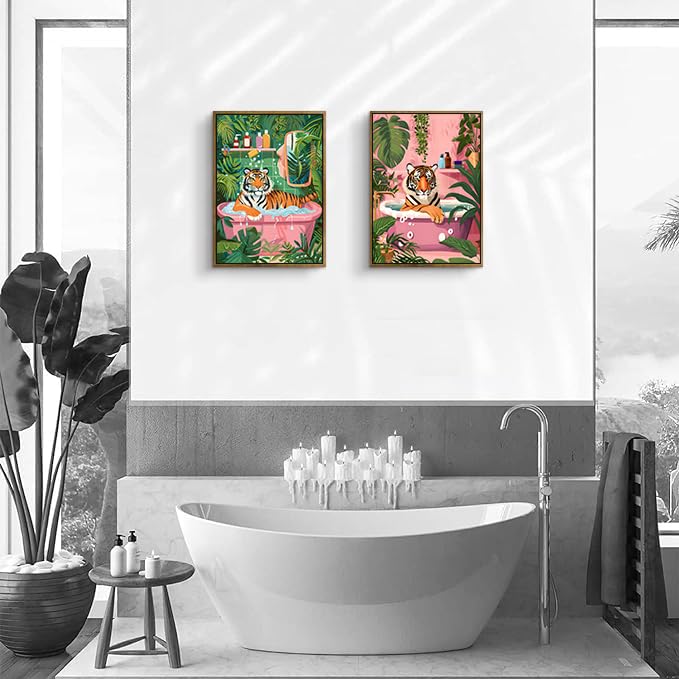 ARTZIO Framed Canvas Wall Art–Whimsical Tiger in Bathtub Jungle Bath Decor,Funny Animal Wall Art for Bathroom,Living Room & Home Office–Set of 2 (12×16″) - color: 2-PCS-3, size: 12"x16"