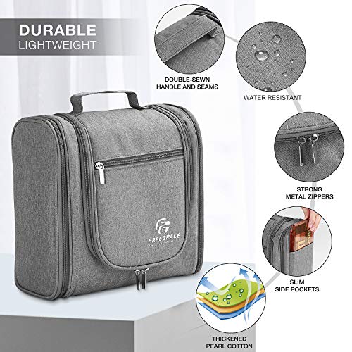Freegrace Extra Large Hanging Toiletry Bag for Men and Women - Water-Resistant Nylon Travel Bathroom Organizer for Cosmetics, Makeup, and Toiletries - color: Light Grey