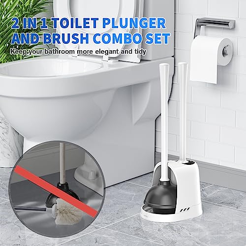 LOVLOY Toilet Plunger and Brush, Bowl Brush and Heavy Duty Toilet Plunger Set with Ventilated Holder, 2-in-1 Toilet Brush and Plunger Combo for 5.3-inch Toilet Drain Bathroom Cleaning (White) - color: White