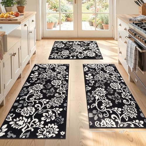 LOKHOM Boho Kitchen Rugs Sets of 3, Non Slip High-Low Textured Kitchen Mats for Floor with Rubber Backing, Paisley Floral Washable Carpet Runner for Hallways Entryway Laundry Sink (Black & White) - color: Black, size: 24"x35"+24"x48"+24"x60"