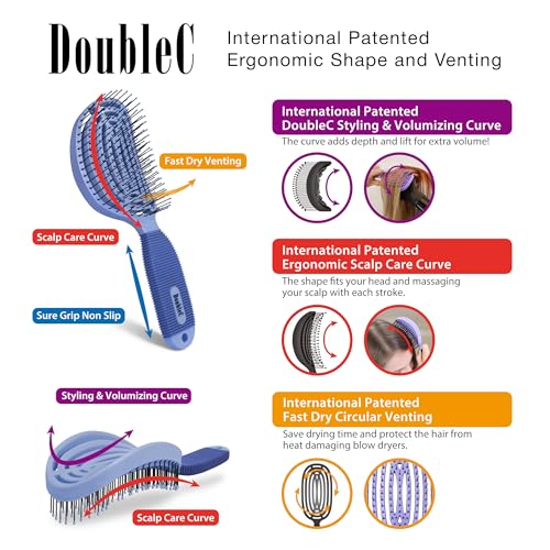 NuWay® DoubleC® Detangling Hair Brush – The Original Home Scalp-Care Brush – Patented Double Curved Scalp Care Hairbrush for Gentle Detangling, Volume Styling & Wet or Dry Hair (Indigo) - color: Indigo