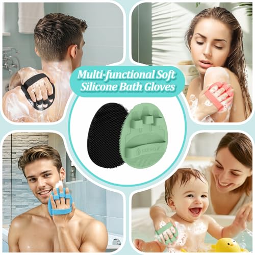 Silicone Back Scrubber & Bath Glove Set, 15.35’’ Soft Back Scrubber with Dual-Side Brush Head, 360° Anti-Slip & Enlarged Exfoliating Body Scrubber for Rich Foaming Deep Cleaning(Green) - color: Green