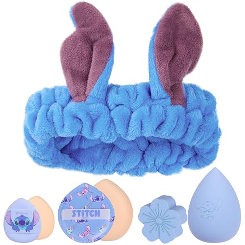 Get Trend Disney Stitch Makeup Brush and Sponge Set for Girls, Teens with Headband Powder Puffs Soft Brushes and Beauty Sponges, Gifts for Girls (Blue Stitch) - color: Blue Stitch