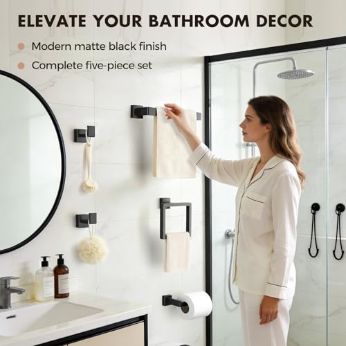 Bathroom Accessories Towel Bar Set: 10 Pieces Matte Black Bathroom Hardware Square SUS304 Stainless Steel - Wall Mounted Towel Rack&Toilet Paper Holder&Towel Ring and Towel Hook - color: Matte Black, size: 16inch 10 Pieces