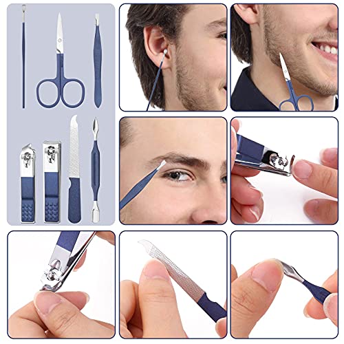 Aceoce Travel Manicure Set Mens Grooming Kit Stainless Steel Nail Clippers Nail Care Tool with Luxurious Travel Case Manicure Pedicure Set Professional Personal Care Gift for Men Family Friends - color: Blue