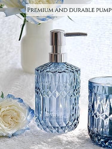 LaMarriti Blue Bathroom Accessories Set, 5Pcs Clear Glass Bathroom Accessories, Hand Soap Dispenser, Soap Dish, Toothbrush Holder Set, Qtips Holder for Crystal Vintage Bath Countertop Decor, Gift Set - style: Blue