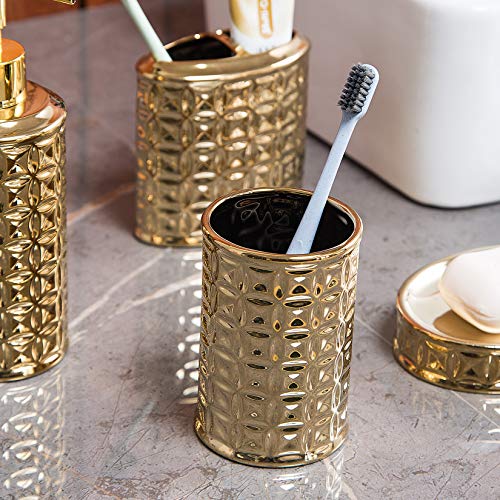 Gold Bathroom Accessory Set, 4-Piece Ceramic Bathroom Decorations Accessories Sets Includes Lotion Dispenser, Toothbrush Holder Tumbler and Soap Dish - color: Gold