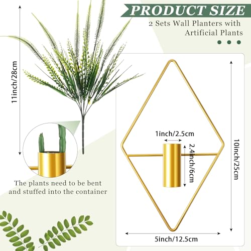 Canlierr 2 Pieces Gold Wall Decor Hanging Planters with Artificial Plants Metal Vase Indoor Plants Holder Modern Geometric Wall Art for Home Bathroom Bedroom Living Room Office(Boston Fern,Large) - color: Gold, size: Boston Fern
