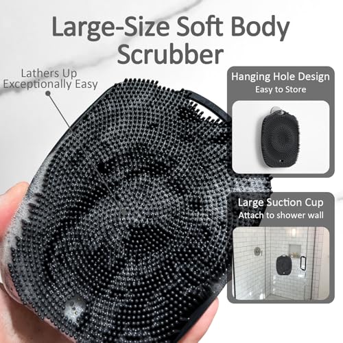 Soft Silicone Body Scrubber, Gentle Like a Hand Exfoliating Your Skin and Build Up Lather Easily, Back Large Suction Cup Easy to Store, Long-Lasting & Deep Clean (Black) - color: Black