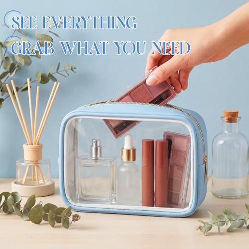Abbylike 6 Pcs Clear Makeup Bags Bulk PU Leather Cosmetic Pouches Transparent Toiletry Bags with Zipper Waterproof Purse Skincare Car Organizer for Girl Women Travel Gifts(Lake Blue) - color: Lake Blue