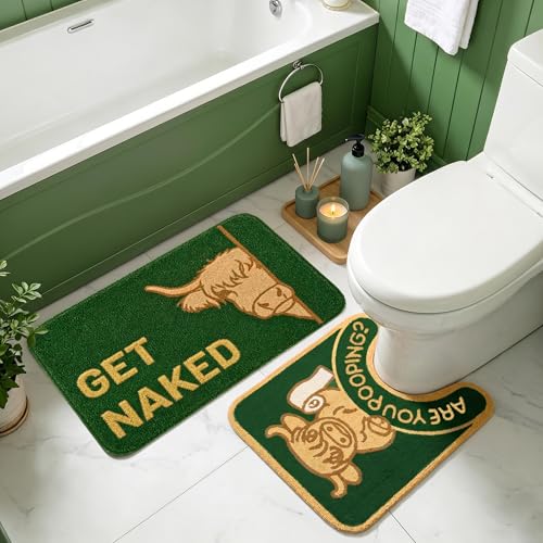 2PCS Highland Cow Bathroom Rug Set, Funny Non Slip Bath Mat & Toilet Rug | Matching Highland Cow Design • Funny Farmhouse Bathroom Decor • Quick Dry • Absorbent • Great Housewarming Gift - color: Highland Cow