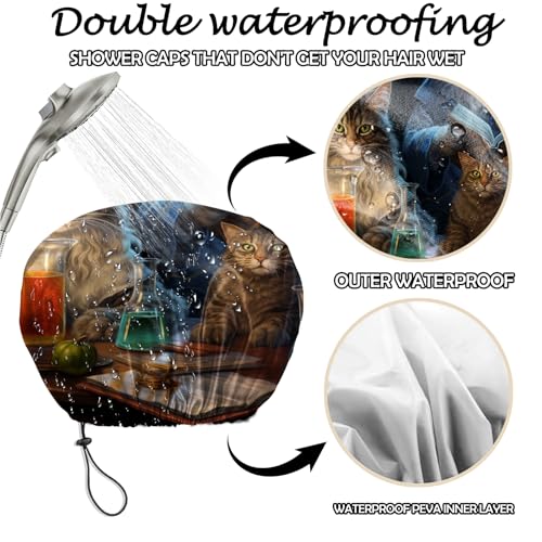 2 PCS Shower Cap Reusable Waterproof Adjustable Double Layer Elastic Dry Hair Bathing Caps Aesthetic Cute for Women Girls-Elephant Cat - color: H-6-Elephant Cat