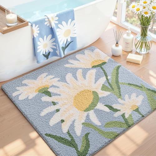 LUMI Bathroom Rugs Cute Daisy, Soft Absorbent Squarer Bath Mat Non-Slip, Machine Washable Quick Dry Blue Luxury Rug Flower for Kids Room, Bathtub, Home Decor, 26"x26" - color: Blue Daisy, size: 26"x26"(Square)