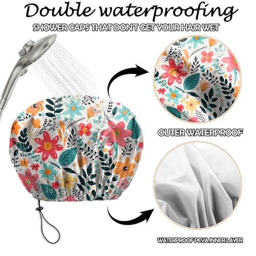 2 PCS Shower Cap Reusable Waterproof Adjustable Double Layer Elastic Dry Hair Bathing Caps Aesthetic Cute for Women Girls-Pink Flower - color: H-13-Pink Flower