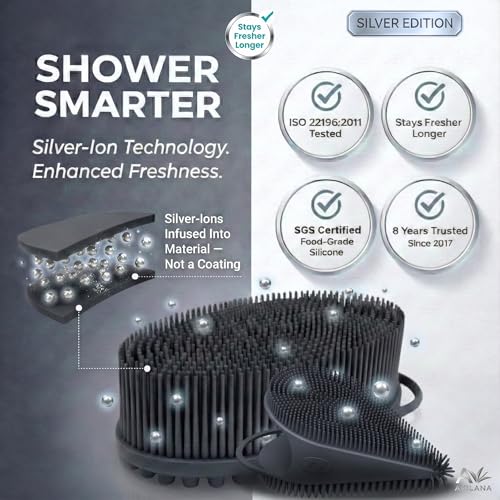Avilana Silicone Body Scrubber for Shower – SGS Certified Food Grade Dual Sided Bath Brush, Gentle Exfoliating Silicone Loofah Alternative, Sensitive Skin Body Brush (Dark Gray-Silver, Body & Face) - color: Dark Gray-silver, size: Body & Face