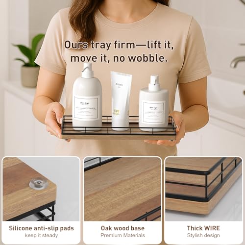 Bathroom Tray for Counter Top Organizer, Acacia Wood Vanity Tray | Metal Frame for Dresser, Kitchen & Nightstand, Black & Acacia Decorative Storage - color: Black & Acacia, size: 11" x 4.5" x 1.5"